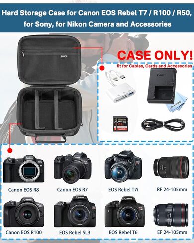 RAIACE Hard Carrying Case Compatible with Canon EOS Rebel T7 / R100 / R50, for Sony, for Nikon Camera, Camera Case with Mesh Pocket for Charger, Cables, Cards and Accessories. (case only) - Black in Saudi Arabia