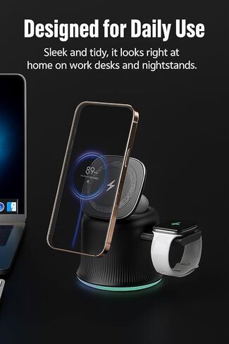 3 in 1 Wireless Charging Station for Apple MagSafe Charger, 15W Fast Magnetic MagSafe Charger Stand for iPhone 17 16 15 14 13 12 Apple Watch AirPods Series, Gifts for Men in Kuwait