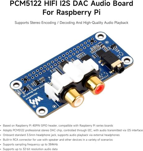 Waveshare PCM5122 Hi-Fi I2S DAC Audio Board for Raspberry Pi, Compatible with 40-Pin GPIO Header, Stereo Encoding/Decoding, Supports Audio Playback in Kuwait