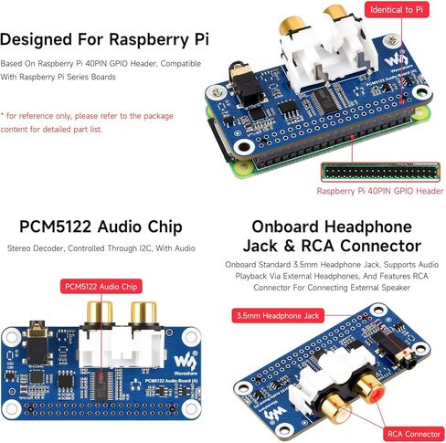 Waveshare PCM5122 Hi-Fi I2S DAC Audio Board for Raspberry Pi, Compatible with 40-Pin GPIO Header, Stereo Encoding/Decoding, Supports Audio Playback in Kuwait