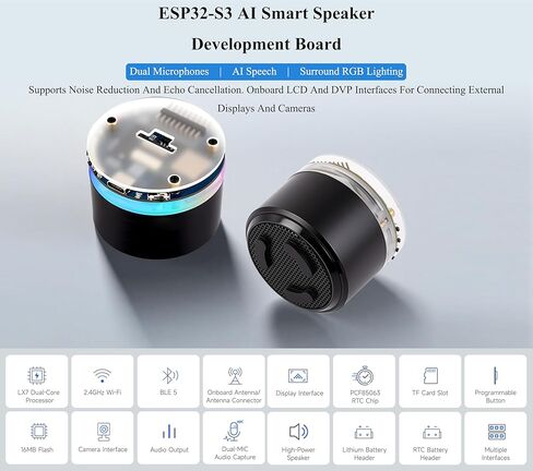 ESP32-S3 AI Smart Speaker Development Board, Dual Microphones, Noise Reduction&Echo Cancellation, RGB Lighting, ESP32 Audio, Support Connect External Displays & Cameras, Support AI Speech Interaction in Kuwait