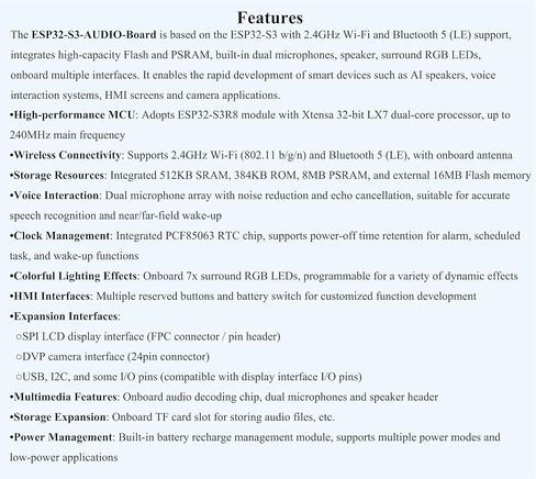 ESP32-S3 AI Smart Speaker Development Board, Dual Microphones, Noise Reduction&Echo Cancellation, RGB Lighting, ESP32 Audio, Support Connect External Displays & Cameras, Support AI Speech Interaction in Kuwait