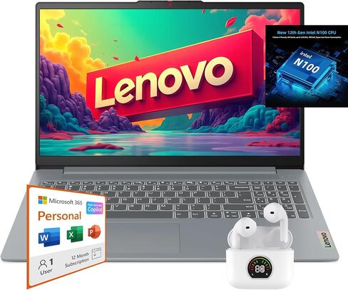 Lenovo Slim 15.6" 2K Laptop with 1 Year Microsoft 365, 1.1TB Storage (128GB SSD and 1TB Cloud Storage), Intel 4-Core N100 Upto 3.4 GHz, 4GB DDR5 Memory, WiFi 6, 8 hrs Battery, Toree Wireless Earbuds in Kuwait
