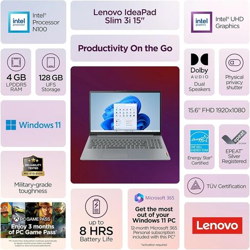 Lenovo Slim 15.6" 2K Laptop with 1 Year Microsoft 365, 1.1TB Storage (128GB SSD and 1TB Cloud Storage), Intel 4-Core N100 Upto 3.4 GHz, 4GB DDR5 Memory, WiFi 6, 8 hrs Battery, Toree Wireless Earbuds in Kuwait