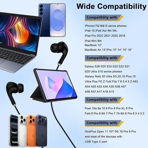 سماعات أذن سلكية USB C لهاتف Samsung Galaxy A17 A37 A16 A15 A36 S26 Ultra S25 S24 S23 S22 سماعة أذن من النوع C مع ميكروفون لإلغاء الضوضاء لهاتف iPhone 17 Pro Max 17e 16 15 in Kuwait