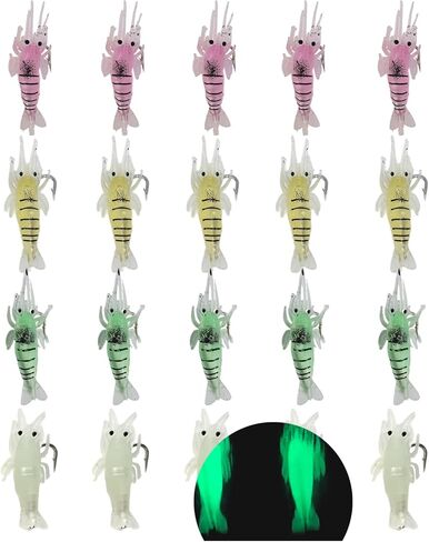 MASTERPRO 20pcs Pre-Rigged Luminous Fishing Lures Set, Bionic Swimming Fish Jigs Soft Lure Realistic Swimbait Glow Shrimp Bait Fish Bites for Freshwater Saltwater Fishing Tackle Hooks in Kuwait