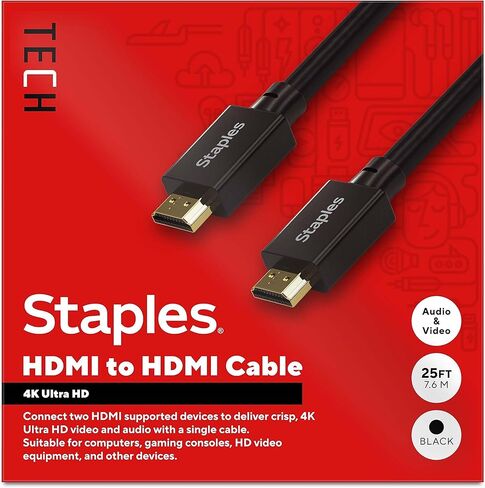 كابل Staples TECH HDMI - كابل صوت/فيديو عالي السرعة من ذكر إلى ذكر بطول 12 قدم لأجهزة التلفاز والشاشات وأجهزة الكمبيوتر المحمولة وأجهزة العرض، أسود in Kuwait