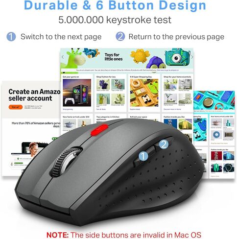 E-YOOSO Wireless Mouse for Laptop, Portable Optical Computer Mouse, 6 Buttons, Cordless 2.4GHz with USB Receiver, 5-Level 4800 DPI, 18 Months Battery Life, for PC, Chromebook (Gray & Black, USB) in Saudi Arabia