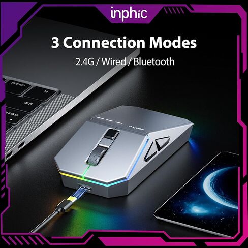 ماوس الألعاب اللاسلكي INPHIC Cyber، ثلاثي الوضع 12000 نقطة لكل بوصة، ماوس صامت خفيف الوزن 65 جرام، 2.4 جيجا/BT5.0/سلكي، مفاتيح ماكرو قابلة للبرمجة in Kuwait