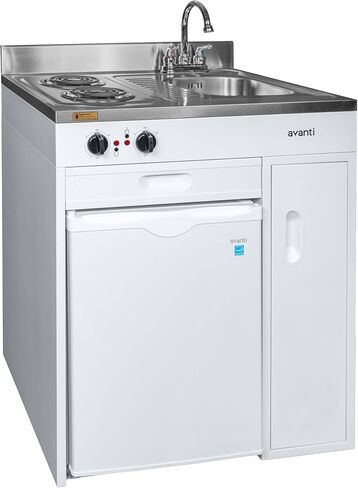 Avanti CK3016 30" Energy Star Certified Full Compact Kitchen, Built in Kitchenette Stainless Steel Counter, Two Element Cooking Range, Refrigerator & Storage, White in Saudi Arabia