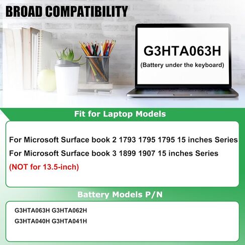 G3HTA063H G3HTA062H استبدال بطارية الكمبيوتر المحمول لـ Microsoft Surface Book 3 1907 1899 15 بوصة Surface Book 2 1793 1795 1813 بطارية لوحة المفاتيح 15 بوصة G3HTA040H G3HTA041H 11.36V 62.2Wh 5473mAh in Kuwait
