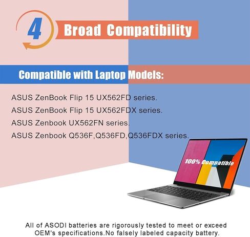 ASODI C41N1809 بطارية كمبيوتر محمول 57Wh لجهاز Asus Zenbook Flip 15 UX562 UX562FN UX562FD UX562FDX UX562FN Q536F Q536FD Q536FD-BI7T15 UX562FD-A1054T UX562FDX-EZ015T Series 15.4V 3740 مللي أمبير 4 خلايا in Kuwait