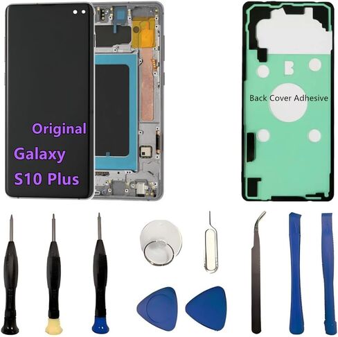 شاشة AMOLED أصلية 6.4 بوصة لهاتف Samsung Galaxy S10 Plus استبدال الشاشة OEM S10Plus SM-G975U SM-G975U1 مجموعة محول رقمي لشاشة تعمل باللمس (مع إطار أسود + غطاء خلفي لاصق + أدوات) in Kuwait