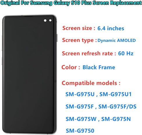 شاشة AMOLED أصلية 6.4 بوصة لهاتف Samsung Galaxy S10 Plus استبدال الشاشة OEM S10Plus SM-G975U SM-G975U1 مجموعة محول رقمي لشاشة تعمل باللمس (مع إطار أسود + غطاء خلفي لاصق + أدوات) in Kuwait