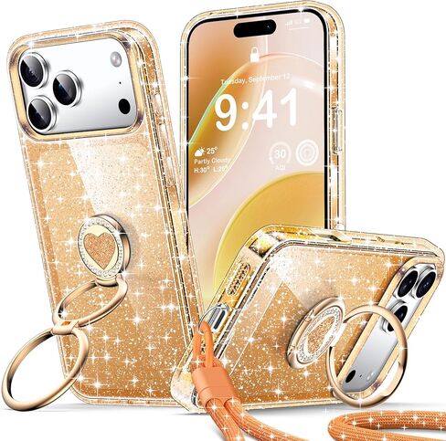 XYZ for iPhone 16 Case Glitter, Cute Clear Bling Sparkly Cover with 2-Ring Heart Stand & Wrist Strap, Women Girls Slim Shockproof Protective Phone Cases for 16 6.1'',Glitter Clear in Kuwait