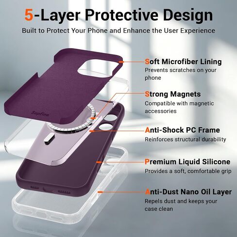 حافظة SUPFINE المغناطيسية لهاتف iPhone 16 Pro Max، متوافقة مع MagSafe، حماية كاملة للكاميرا مع واقي الشاشة، غطاء هاتف مقاوم للصدمات من السيليكون مع بطانة من الألياف الدقيقة المضادة للخدش، أرجواني داكن in Kuwait