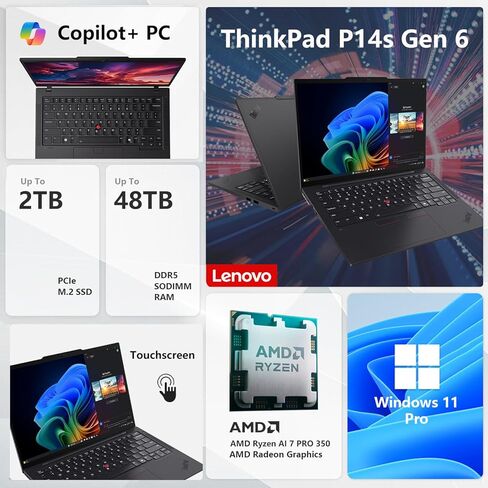 Lenovo PCONLINE 2025-2026 ThinkPad P14s Business Laptop، AMD Ryzen AI 7 PRO 350، شاشة لمس 14 بوصة FHD+ IPS، 96 جيجا DDR5، 4 تيرابايت SSD، Wi-Fi 7، HDMI، Windows 11 Pro، أسود، Copilot+ محطة عمل متنقلة in Kuwait