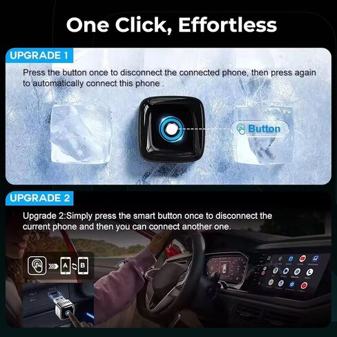 محول AX1 CarPlay اللاسلكي وAndroid Auto لسيارات CarPlay السلكية في المصنع - زر تشغيل/إيقاف، مفتاح الجهاز، اتصال سريع، إعادة الاتصال التلقائي، التوصيل والتشغيل in Kuwait