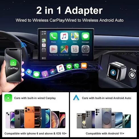 محول AX1 CarPlay اللاسلكي وAndroid Auto لسيارات CarPlay السلكية في المصنع - زر تشغيل/إيقاف، مفتاح الجهاز، اتصال سريع، إعادة الاتصال التلقائي، التوصيل والتشغيل in Kuwait