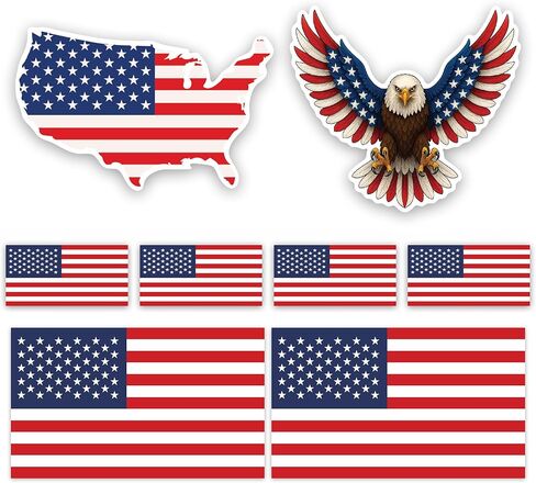 American Bald Eagle Sticker Pack (7 PCS) – Waterproof Vinyl Patriotic Decals | 1 Large Eagle (5") + 2 Medium Eagles (2.7") + 4 USA Flag Stickers (2") | for Cars, Trucks, Laptops, Helmets & Hard Hats in Kuwait