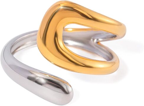 Chunky Thumb Rings for Women Adjustable Gold Wave Two Tone Ring Statement Mixed Metal Ring Dainty Stainless Steel Non Tarnish Rings Unique Jewelry Gift in Saudi Arabia
