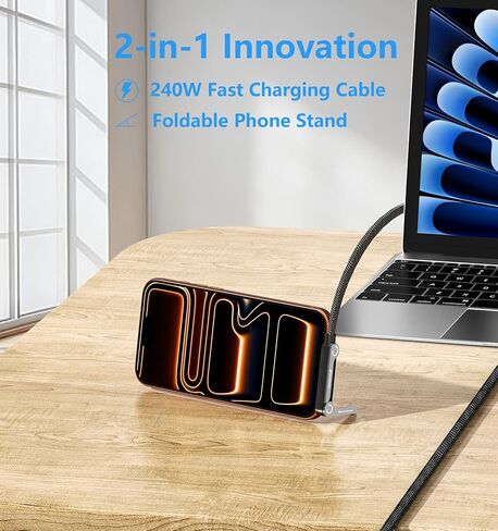 esbeecables 240W USB C to USB C Cable 5FT with Invisible Phone Stand 2Pack, Right Angle Type C Fast Charging Gaming Cord, 90 Degree Braided Charger for iPhone 17/16 Pro Max, Samsung S25 Ultra, MacBook in Kuwait