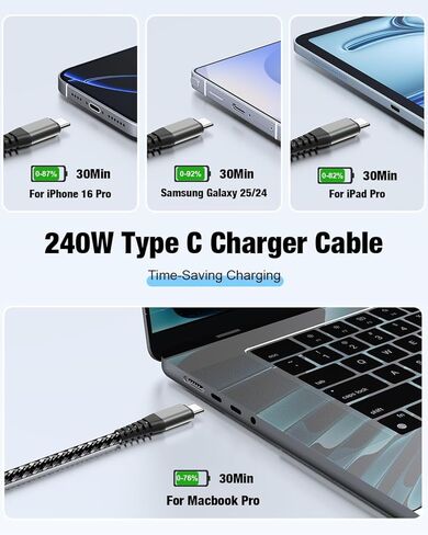 كابل USB C إلى USB C، شاحن 240 واط من النوع C شحن سريع لهاتف iPhone 17 16 15 Pro Max Plus Air، كابل USB-C مجدول لجهاز iPad Mini، سلك شحن الكمبيوتر المحمول لجهاز Macbook Neo Chromebook، Samsung S25 أسود 6+10 قدم in Kuwait