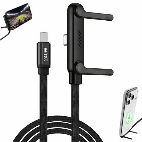 كابل بيانات KEMVEX 240 واط USB C إلى USB C مع حامل هاتف مدمج، سلك شحن سريع مجدول بزاوية 90 درجة، شاحن PD 3.1 لهاتف iPhone 15 16 17، iPad، MacBook، الكمبيوتر المحمول، 5FT in Kuwait