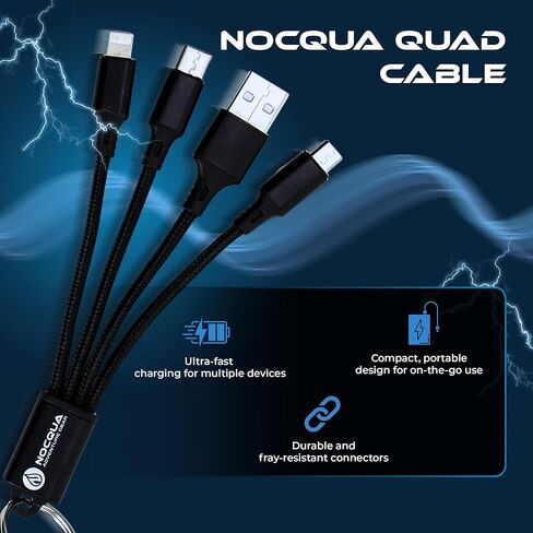 Nocqua 4-in-1 Multi Charging Cable – Fast Charging Cables for Multiple Devices Compatible with USB-C, Micro USB & Lightning Cable, Portable Multi Charging Cord for Phones, GPS and More, 5" Black in Kuwait