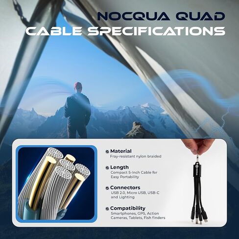 Nocqua 4-in-1 Multi Charging Cable – Fast Charging Cables for Multiple Devices Compatible with USB-C, Micro USB & Lightning Cable, Portable Multi Charging Cord for Phones, GPS and More, 5" Black in Kuwait