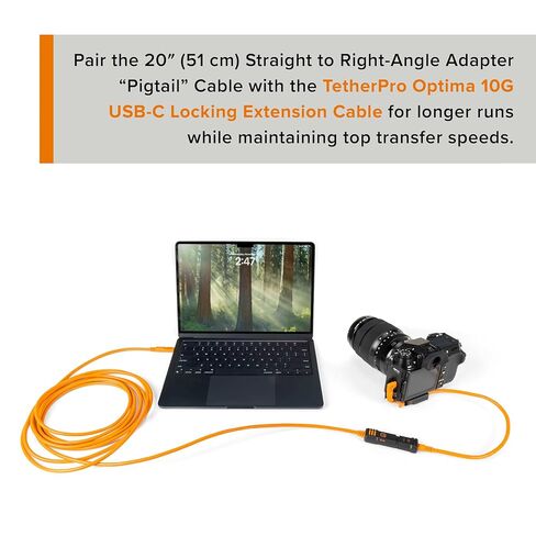 كابل Tether Tools TetherPro Optima 10G USB-C إلى USB-C لنقل البيانات، محول "ضفيرة" 20 بوصة مستقيم إلى الزاوية اليمنى، برتقالي عالي الوضوح - كابل ربط للمصورين والتقنيات الرقمية in Kuwait