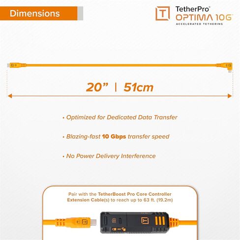 كابل Tether Tools TetherPro Optima 10G USB-C إلى USB-C لنقل البيانات، محول "ضفيرة" 20 بوصة مستقيم إلى الزاوية اليمنى، برتقالي عالي الوضوح - كابل ربط للمصورين والتقنيات الرقمية in Kuwait