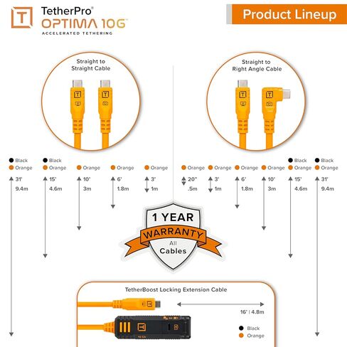 كابل Tether Tools TetherPro Optima 10G USB-C إلى USB-C لنقل البيانات، محول "ضفيرة" 20 بوصة مستقيم إلى الزاوية اليمنى، برتقالي عالي الوضوح - كابل ربط للمصورين والتقنيات الرقمية in Kuwait