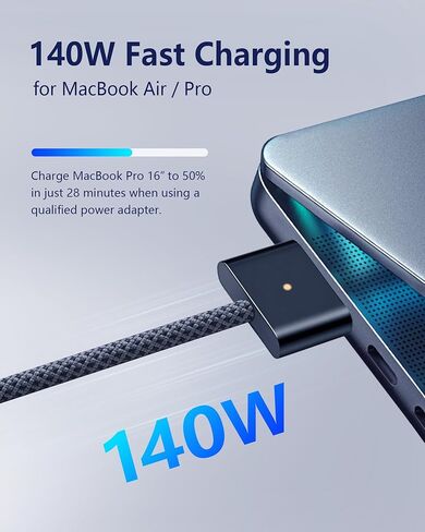 DERLULU USB-C إلى كابل شاحن مغناطيسي لجهاز MacBook Air & Pro (6.6 قدم/2 متر)، سلك معزز للشحن السريع لجهاز MacBook Air & Pro 2021-2026، منتصف الليل in Kuwait