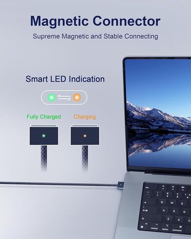 DERLULU USB-C إلى كابل شاحن مغناطيسي لجهاز MacBook Air & Pro (6.6 قدم/2 متر)، سلك معزز للشحن السريع لجهاز MacBook Air & Pro 2021-2026، منتصف الليل in Kuwait