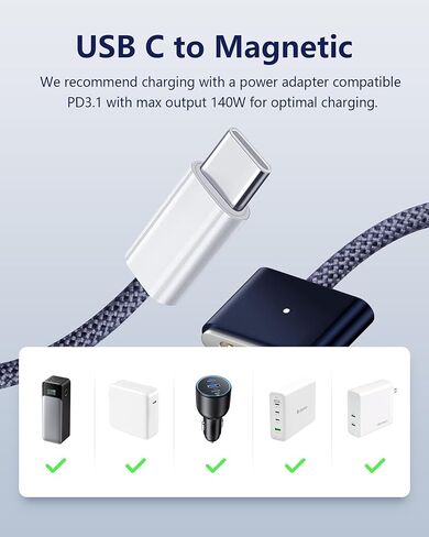 DERLULU USB-C إلى كابل شاحن مغناطيسي لجهاز MacBook Air & Pro (6.6 قدم/2 متر)، سلك معزز للشحن السريع لجهاز MacBook Air & Pro 2021-2026، منتصف الليل in Kuwait
