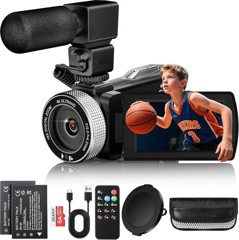 كاميرا فيديو Dsoon 4K Ultra 48MP Vlogging Camera لـ YouTube 18X مسجل كاميرا فيديو تكبير رقمي 3.0 بوصة IPS HD رؤية ليلية بالأشعة تحت الحمراء مع بطاقة TF سعة 64 جيجابايت، غطاء عدسة، ميكروفون، بطاريتان in Kuwait
