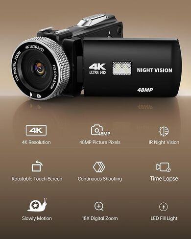 كاميرا فيديو Dsoon 4K Ultra 48MP Vlogging Camera لـ YouTube 18X مسجل كاميرا فيديو تكبير رقمي 3.0 بوصة IPS HD رؤية ليلية بالأشعة تحت الحمراء مع بطاقة TF سعة 64 جيجابايت، غطاء عدسة، ميكروفون، بطاريتان in Kuwait