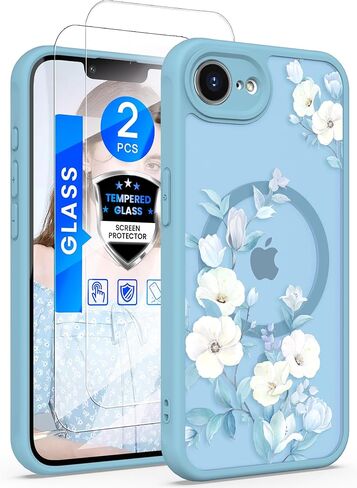 Yucenx for iPhone 16e /17eFloral Phone Case with 2X Screen Protector, Military Grade Magnetic Translucent Matte Girls Women Flower Pattern Protective Cover for iPhone 16E/17E (Blue) in Kuwait