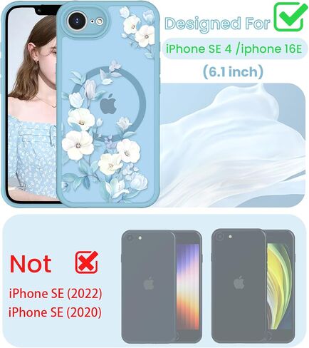 Yucenx for iPhone 16e /17eFloral Phone Case with 2X Screen Protector, Military Grade Magnetic Translucent Matte Girls Women Flower Pattern Protective Cover for iPhone 16E/17E (Blue) in Saudi Arabia