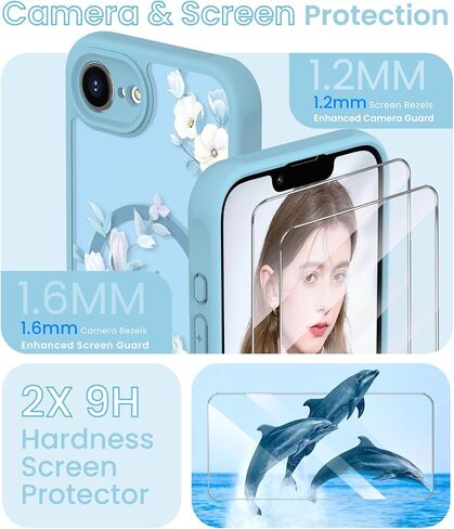 Yucenx for iPhone 16e /17eFloral Phone Case with 2X Screen Protector, Military Grade Magnetic Translucent Matte Girls Women Flower Pattern Protective Cover for iPhone 16E/17E (Blue) in Saudi Arabia