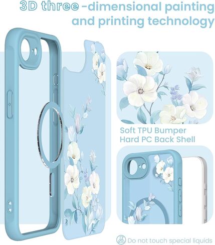 Yucenx for iPhone 16e /17eFloral Phone Case with 2X Screen Protector, Military Grade Magnetic Translucent Matte Girls Women Flower Pattern Protective Cover for iPhone 16E/17E (Blue) in Saudi Arabia