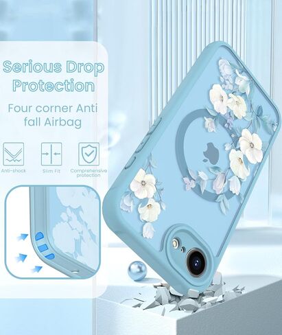 Yucenx for iPhone 16e /17eFloral Phone Case with 2X Screen Protector, Military Grade Magnetic Translucent Matte Girls Women Flower Pattern Protective Cover for iPhone 16E/17E (Blue) in Saudi Arabia