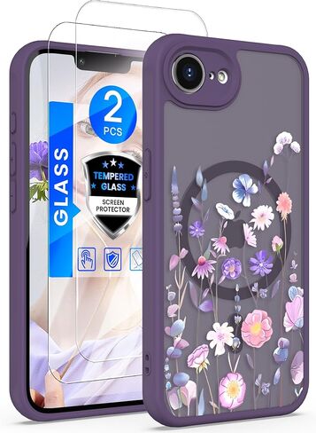 Yucenx for iPhone 16e /17eFloral Phone Case with 2X Screen Protector, Military Grade Magnetic Translucent Matte Girls Women Flower Pattern Protective Cover for iPhone 16E/17E (Blue) in Saudi Arabia