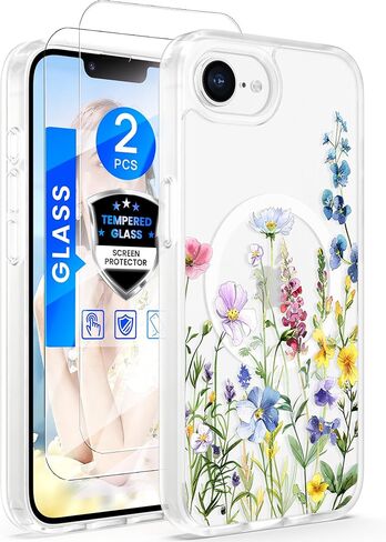 Yucenx for iPhone 16e /17eFloral Phone Case with 2X Screen Protector, Military Grade Magnetic Translucent Matte Girls Women Flower Pattern Protective Cover for iPhone 16E/17E (Blue) in Saudi Arabia