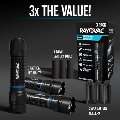 Energizer Rayovac T2000 Tactical LED Flashlights, 400 Lumens (3 Pack), Small Tactical Flashlights Ideal for Everyday Carry, Camping, Work, and Emergencies (Batteries not Included) in Kuwait
