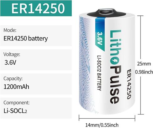 بطارية ليثيوم LithoPulse ER14250 1/2AA 3.6 فولت 1200 مللي أمبير في الساعة للمياه والكهرباء وعداد الغاز ومعدات المرافق PLC بطارية احتياطية Li-SOCL₂ بطارية LS14250 ER14250 غير قابلة لإعادة الشحن in Kuwait