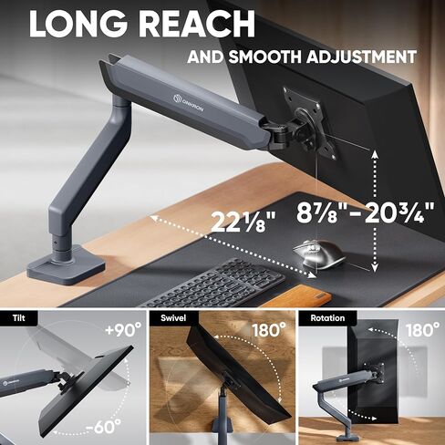 ONKRON Ultrawide Monitor Arm for 17-45 Inch Screen up to 33 lbs, Heavy Duty Single Monitor Mount, VESA 75x75-100x100, Adjustable Monitor Desk Mount Swivel, Tilt, Rotation, Clamp & Grommet Graphite in Kuwait