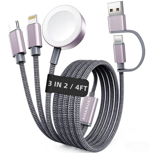 كابل USB C 3 في 2 مطور لشاحن ساعة Apple وشاحن iPhone وكابل شحن USB C متعدد سريع متوافق مع iWatch Ultra/SE/9/8/7/6/5/4/3/2/1 وiPhone 15/14/13 /12/11/جالاكسي S23-4FT in Kuwait