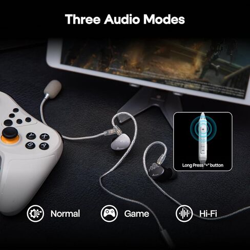 كابل Linsoul Kiwi Ears S-Link Type-C IEM، سلك سماعة أذن للألعاب مع DAC+DSP، ميكروفون مزدوج (ميكروفون بوم قابل للفصل + ميكروفون مدمج)، 3 أوضاع للتحكم الذكي، كابل مطلي بالفضة بطول 1.2 متر للاعبين (فضي، 2 دبوس) in Kuwait